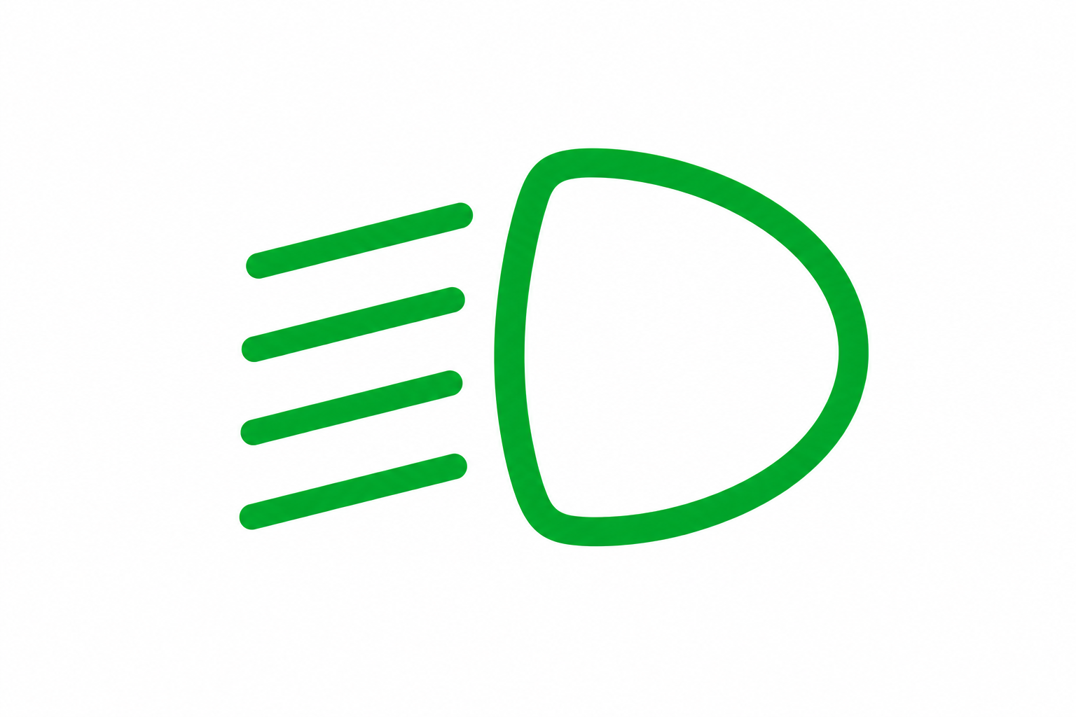 Green stylized headlight icon with motion lines on the left, suggesting speed or forward lighting.